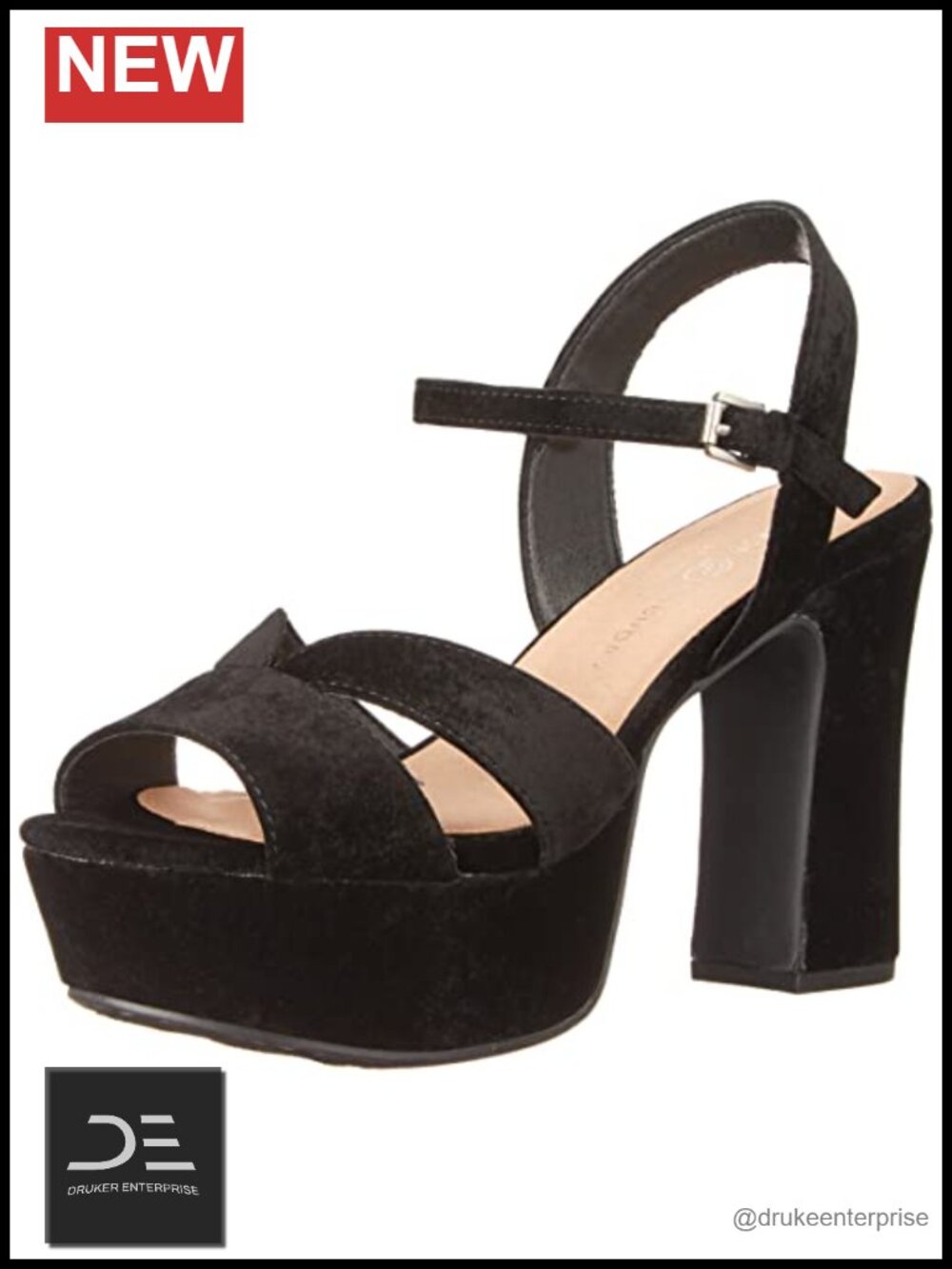 Velvet Block Heel Sandals with Ankle Strap - Women's Platform Heels